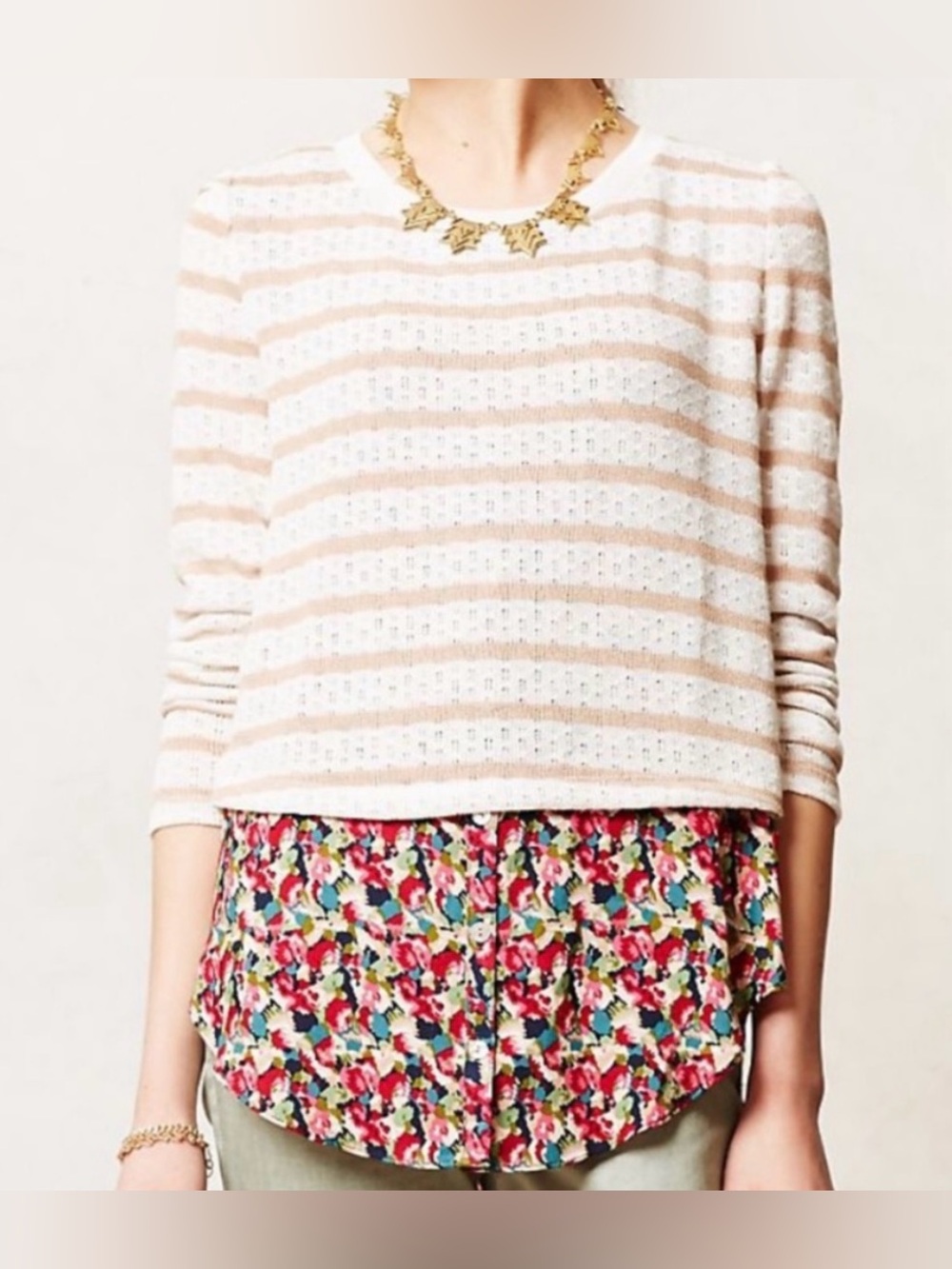 Anthropologie Letterpress Cream & Tan Striped with Floral Accent Blouse - Size M